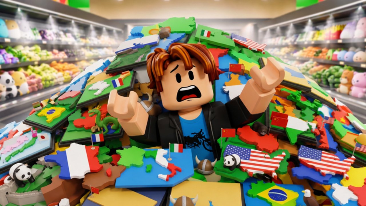 Roblox-Avatar steckt in einem Haufen länderförmiger Flagmenteile in Clean the Countries