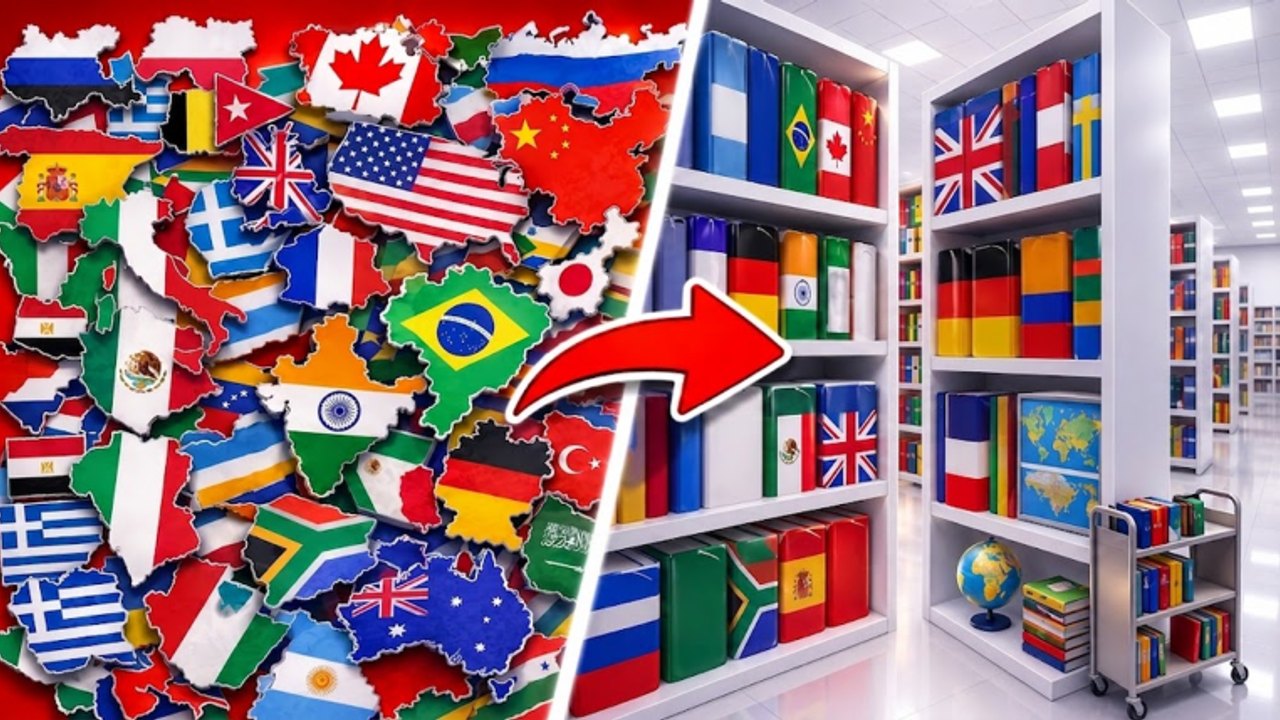 Vorher-Nachher: chaotische Länderteile gegenüber sortierten Länderregalen in Clean the Countries